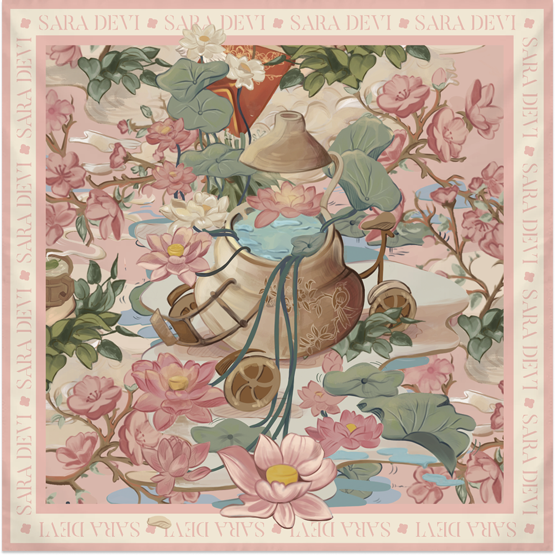 SARA DEVI PINK 65 MAGICAL LOTUS SILK SCARF
