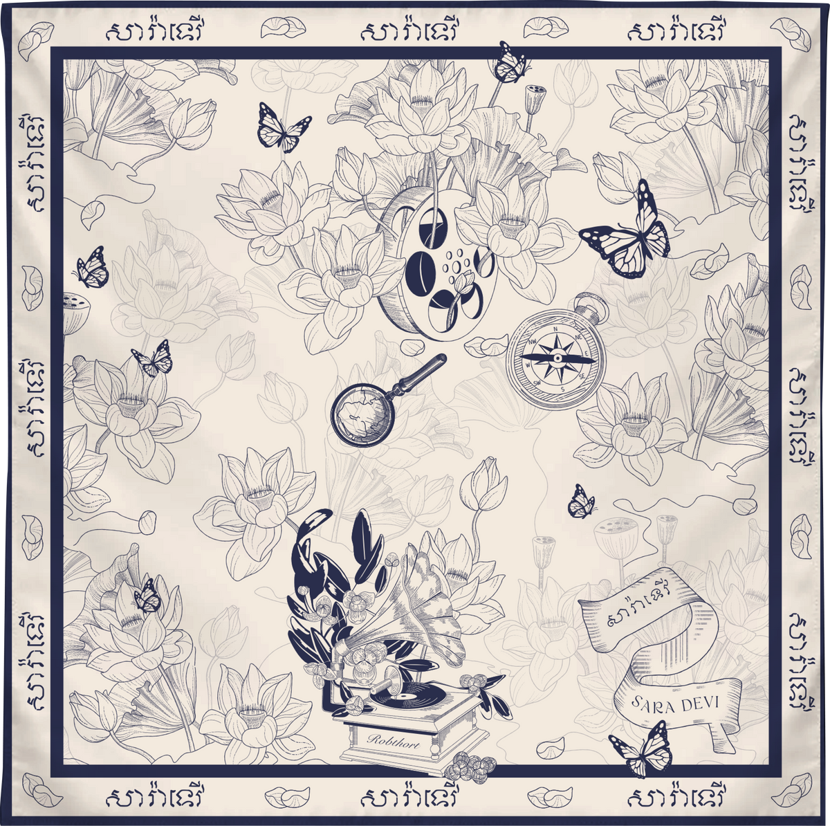 SARA DEVI BLUE 45 MAGICAL LOTUS SILK SCARF