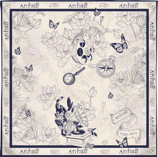 SARA DEVI BLUE 45 MAGICAL LOTUS SILK SCARF