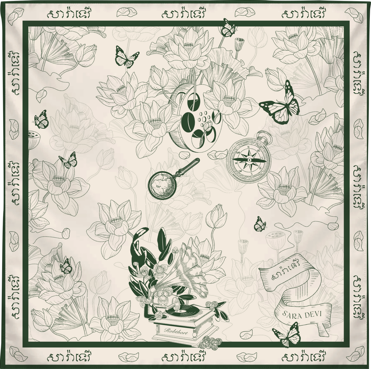 SARA DEVI GREEN 90 MAGICAL LOTUS SILK SCARF