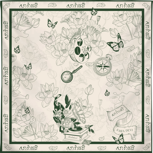 SARA DEVI GREEN 90 MAGICAL LOTUS SILK SCARF